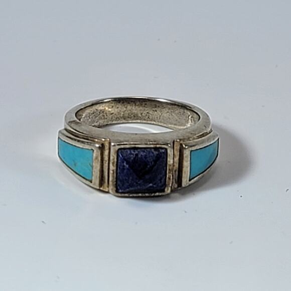 Vintage Silver Turquoise and Lapis Ring with Unique Stone Inlay Design - Picture 1 of 10